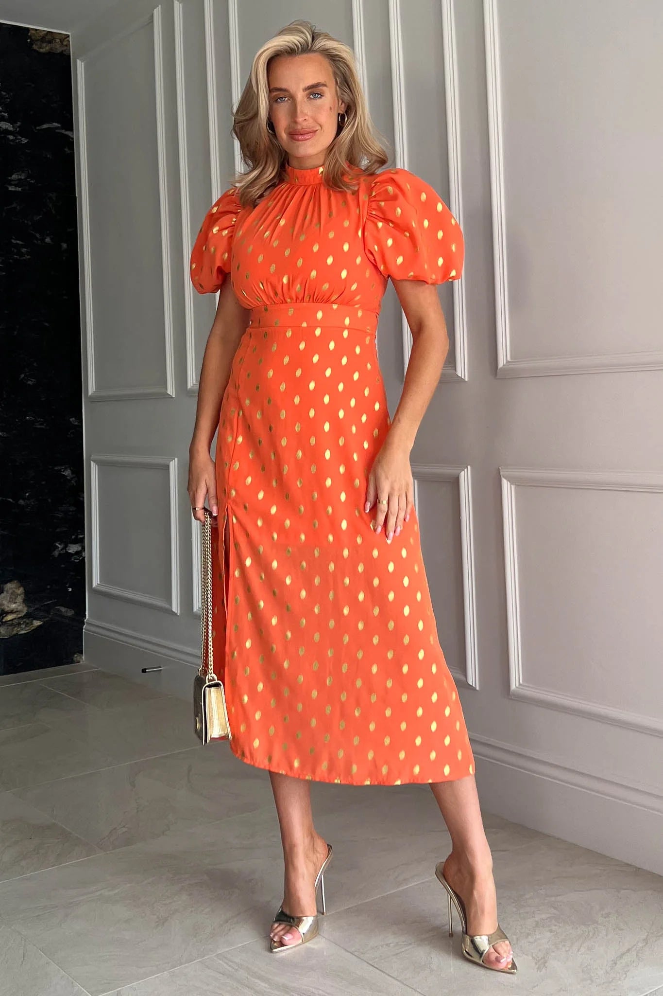 Flash Sale lace dressLilly Orange Gold Foil Print Puff Sleeve Midi Dress