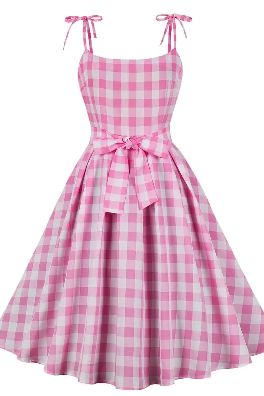 floral midi dressBow Straps Pink Plaid Gingham Swing Dress