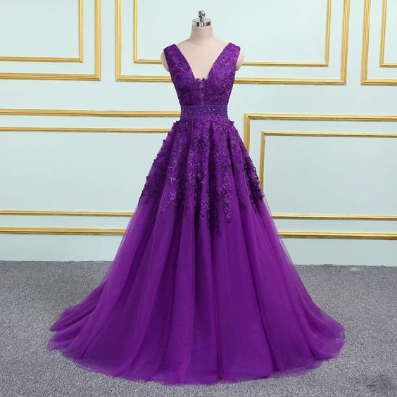 flowy maxi dressPurple v neck tulle long prom dress, purple tulle formal dress Y868