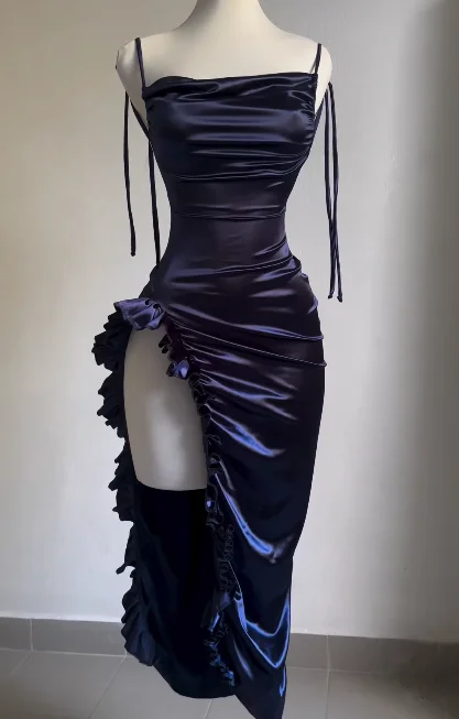 Value Deals one-shoulder dressNavy Blue Open Back Ruffles Midi Length Party Dress, DP2588
