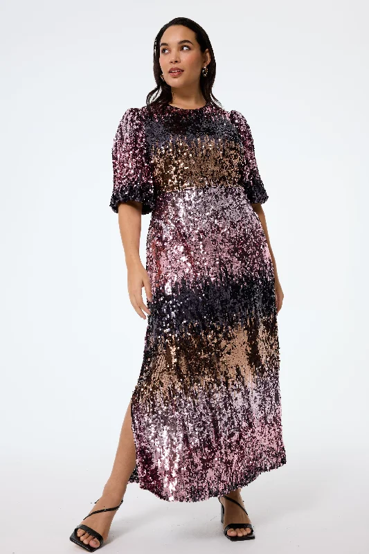 Huge Savings A-line dressPink Ombre Sequin Puff Sleeve Midi Dress
