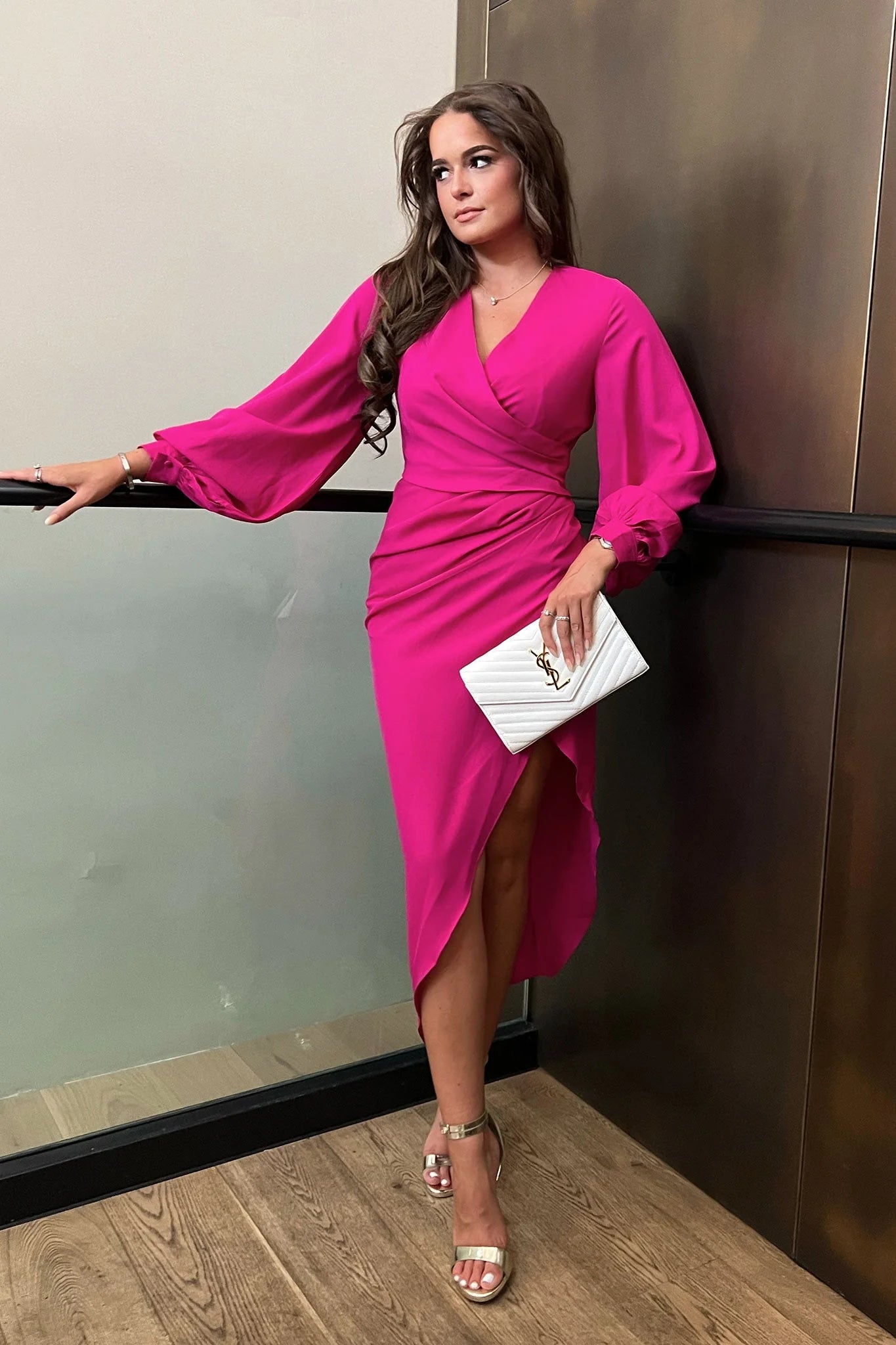 Deal Explosion pleated maxi dressAlexa Magenta Pink Asymmetric Long Sleeve Dress