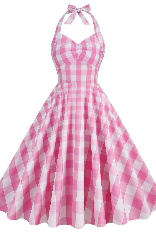 casual day dressHalter Pink Plaid Gingham Swing Dress