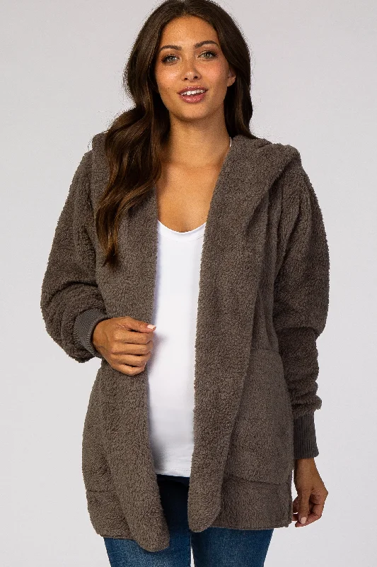 Clearance Event Charcoal Fuzzy Hooded Long Sleeve Maternity Jacket