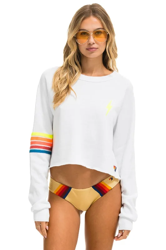 soft athletic sweatshirtBOLT RUGBY STITCH CROPPED CREW SWEATSHIRT - WHITE // NEON RAINBOW