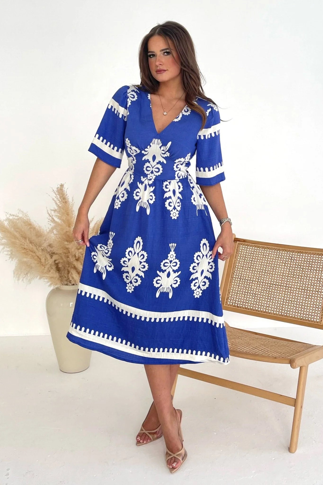 Final Markdown flowy evening dressLacey Cobalt Blue Border Midi Dress