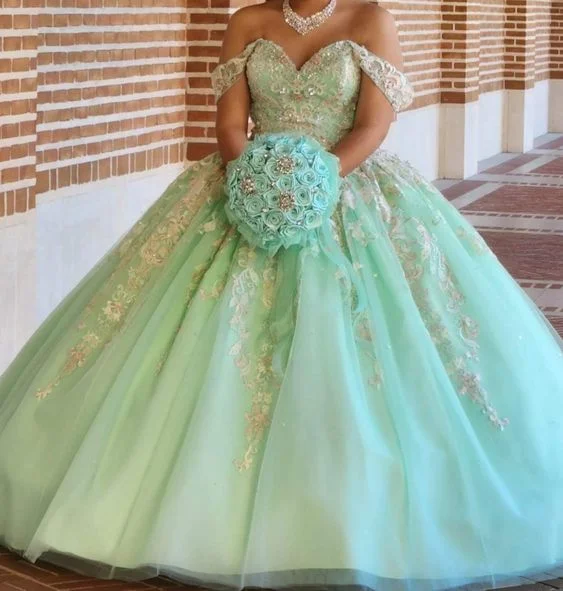 mini dressStunning Off The Shoulder Tulle Floral Ball Gown Sweet 16 Dress Y1235