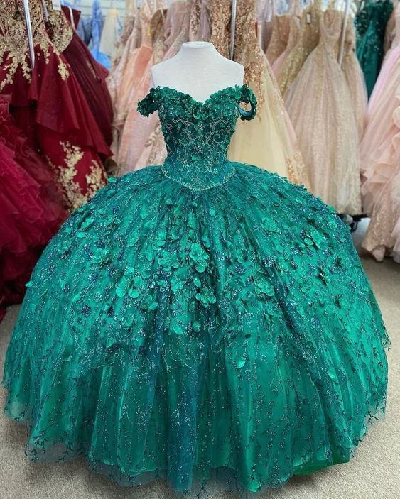 off-shoulder dressEmerald Green Hand Beaded Flower Ball Gown Quinceanera Dress Off Shoulder Sweetheart Gown Y293