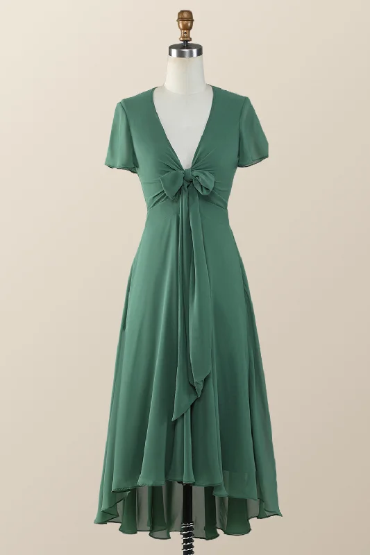 fitted dressKnot Front Green Chiffon Long Bridesmaid Dress