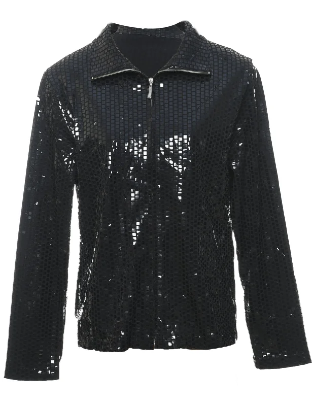 modern outerwearBlack Sequined Zip-Front 1990s Evening Jacket - L