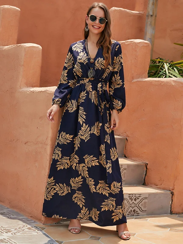 Today’s Deal flowy dressKittenAlarm - Leaf Print Elastic Waist Maxi Dress