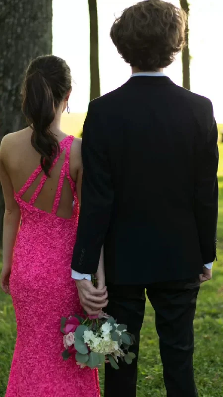 bodycon dressGlitter Hot Pink Mermaid Long Prom Dress With Slit Hot Pink One Shoulder Formal Gown Y118