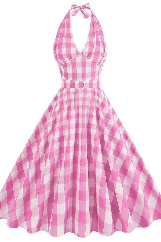 comfy maxi dressDeep V Neck Pink Plaid Gingham Swing Dress with Belt