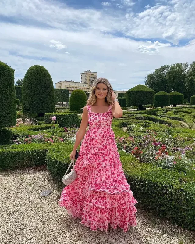 Bargain Prices backless dressHot Pink Floral A-Line Straps Chiffon Long Party Dress, DP2422 Bargain Prices backless dressHot Pink Floral A-Line Straps Chiffon Long Party Dress, DP2422