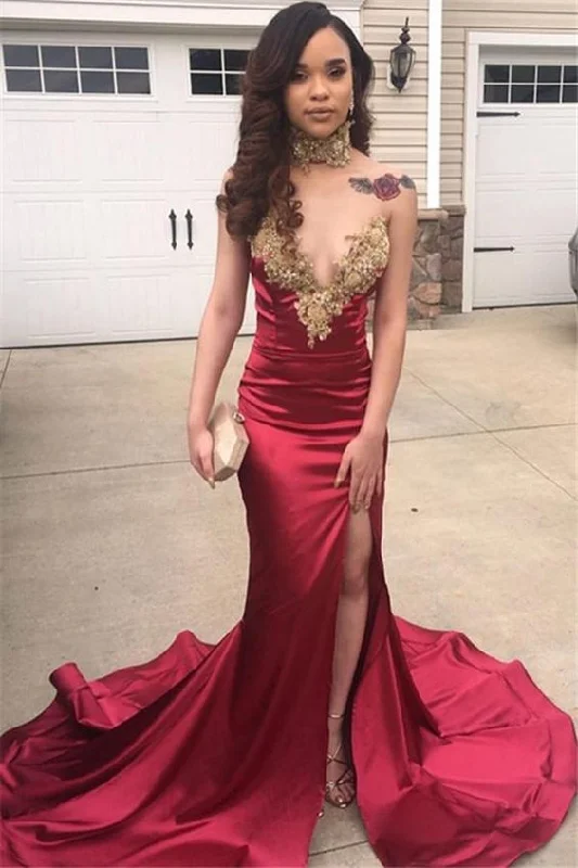 ruffle dressCharming Prom Dresses Burgundy Elastic Satin Side Slit Sweetheart With Gold Appliques Y554