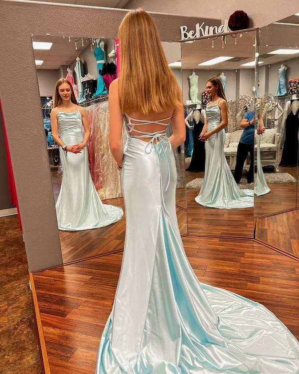 party-ready dressCute Mermaid Cowl Neck Mint Silk Satin Long Prom Dress Y508