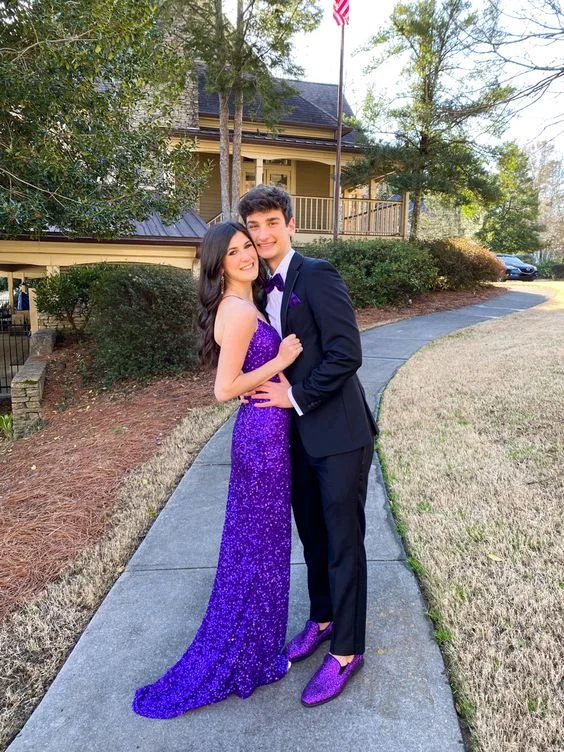 pleated dressMermaid Sparkle Purple Sequin Prom Dress With Train Y1283