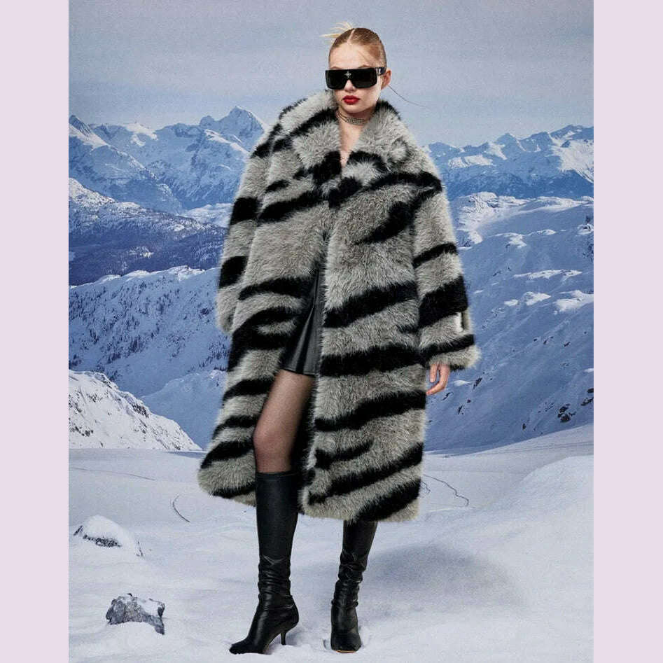 Steals and Deals Zebra New Faux Fox Fur Coat Women Long 2024 Winter Imitation Wool Fur Jacket Thickened Warm Plush Overcoat Furry Fuzzy Outerwear