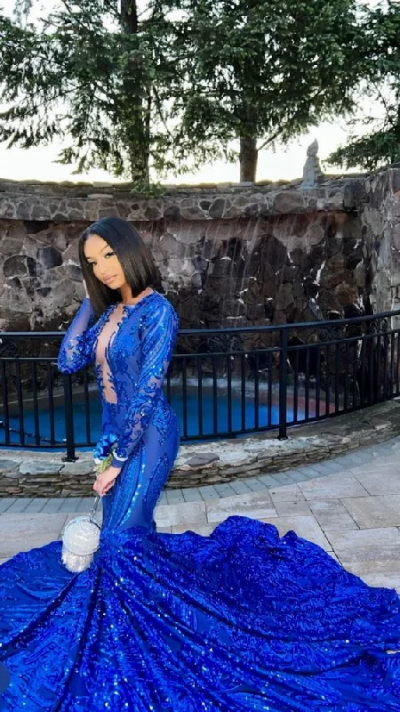 A-line dressRoyal Blue mermaid prom dress,Deep v mermaid sequin lace prom dress,African women prom dresses,wedding reception gown,plunging neckline Y1378