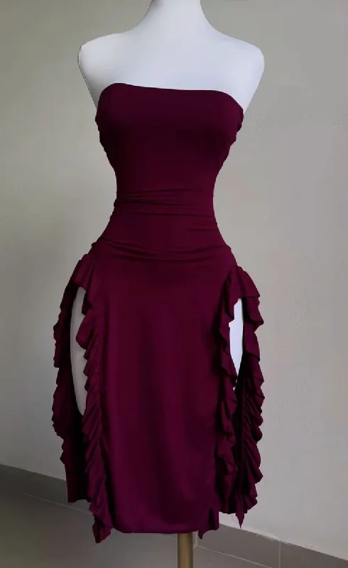 Best Seller casual knit dressBurgundy Strapless Sheath Midi Length Ruffle Sexy Evening Dress, DP2587