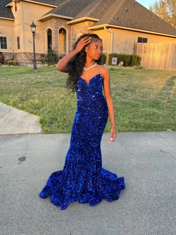 winter dressRoyal Blue Mermaid Sequins Prom Dress Graduation Dress Black Girls Prom 8th Grade Prom Y495