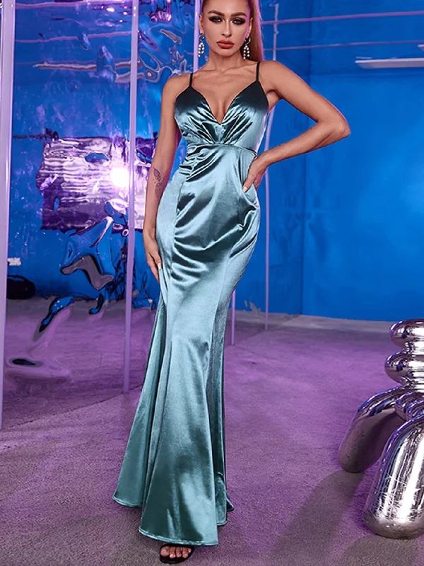 Flash Deals ashionable dressKittenAlarm - Plunging Neck Backless Mermaid Hem Satin Prom Dress