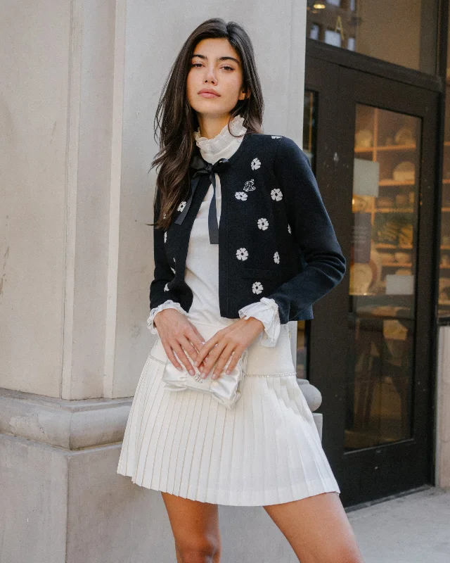 Don’t Miss Out Flower Jacquard Open Ribbon Cardigan - Black