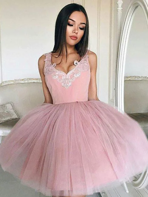 Limited Quantity Homecoming Dress Tulle Straps Appliques Short Prom Dress Party Dress JKS029