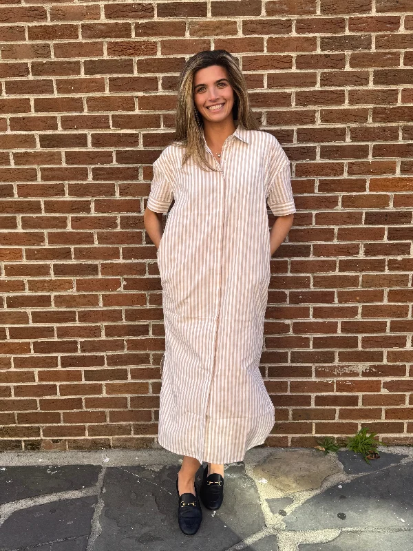 New Deals Elizabeth Maxi Short Sleeve Tan and White Stripe