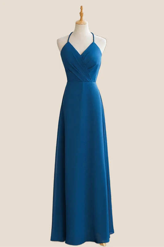 ruffle dressHalter Blue Chiffon A-line Long Bridesmaid Dress