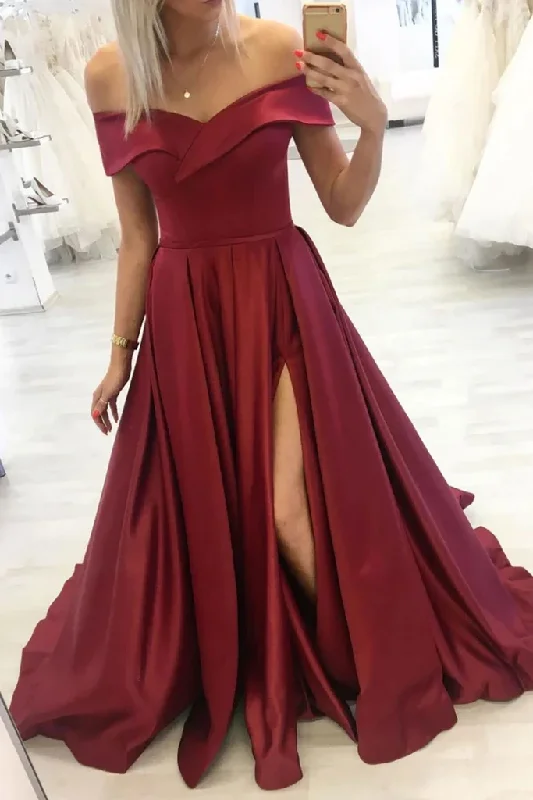 lace dressOff Shoulder Burgundy Satin Long Prom Dress with Slit, Off Shoulder Burgundy Formal Dress Y226