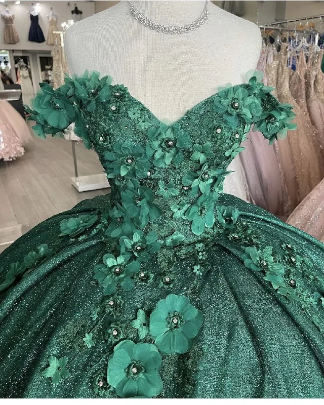 casual summer dressOff The Shoulder Green Ball Gown With Flowers Sweet 16 Dress Y1116