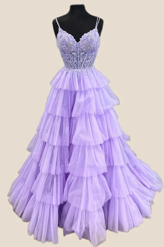 draped dressLilac Appliques and Tulle Tiered Ruffle Gown