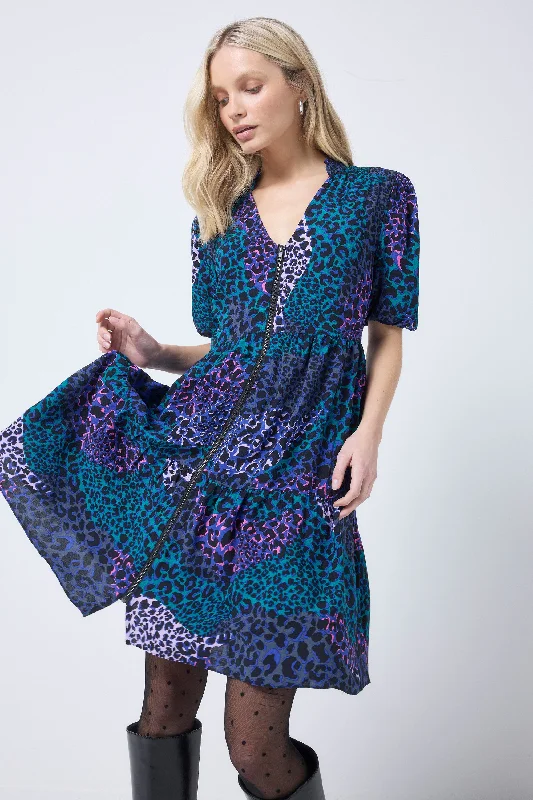 Online Exclusive winter dressBlue with Green Spliced Leopard Zip Detail Tiered Short Dress Online Exclusive winter dressBlue with Green Spliced Leopard Zip Detail Tiered Short Dress