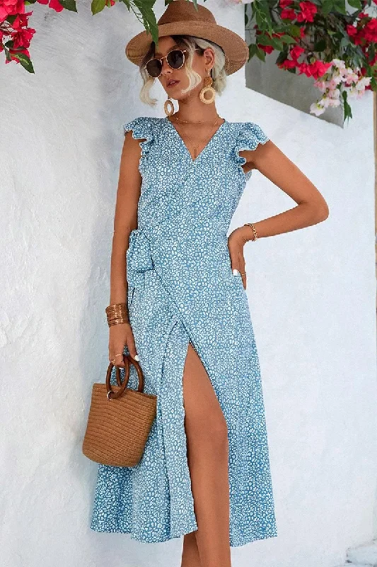 Markdowns winter dressRUFFLED SHORT SLEEVE V NECK TIED WAIST WOMEN DRESS