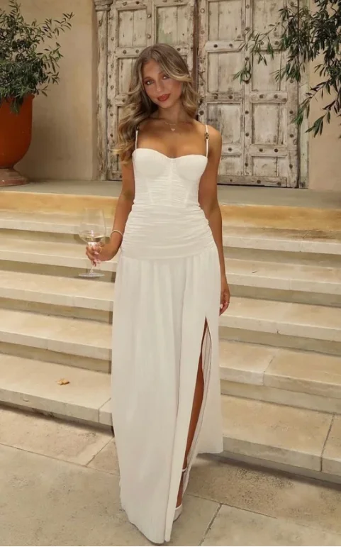 Exclusive Deal fitted dressIvory Spaghetti Straps A-Line Charming Long Evening Dress with Slit, DP2540