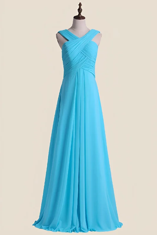 ashionable dressCross V Neck Blue Chiffon Long Bridesmaid Dress