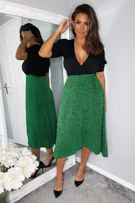 Overstock Sale mini dressAbbie Green and Black 2 in 1 Wrap Style Midi Dress