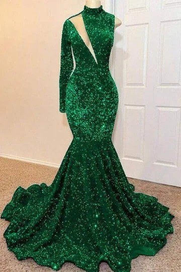 ashionable dressFabulous Emerald Green Sequins Prom Dress Mermaid One Shoulder Long Sleeves Y1385