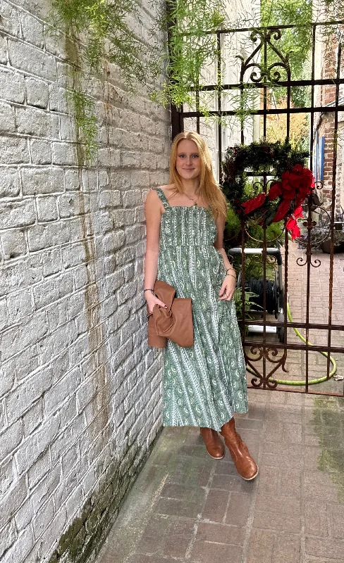 Online Only Chloe Dress Maxi Green French Floral Stripe