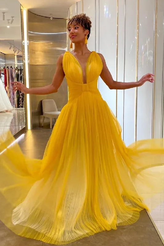 wrap-around dressPlunging Neck Yellow Tulle Prom Dress Y861