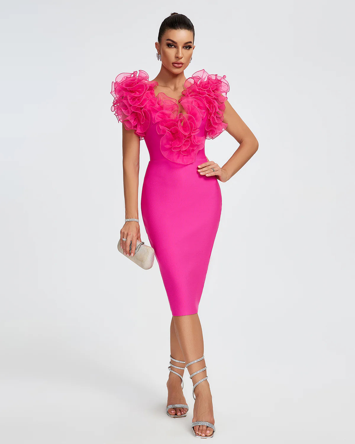 fitted cocktail dressPink V-Neck Ruffle Trim Midi Bandage Dress