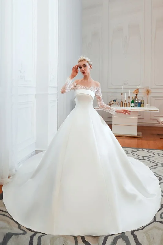 Markdown Madness Romantic Lace Long Sleevess Princess Satin Wedding Dress
