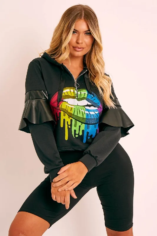 Online Exclusive vintage pulloverBlack Graphic Frill Sleeve Hoodie - Ileigh