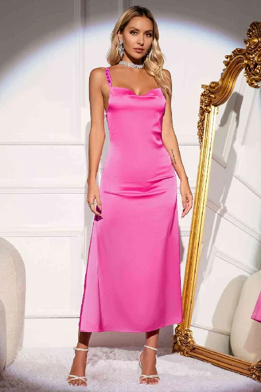 Huge Savings Hot Pink Serenade Backless Satin Maxi Dress