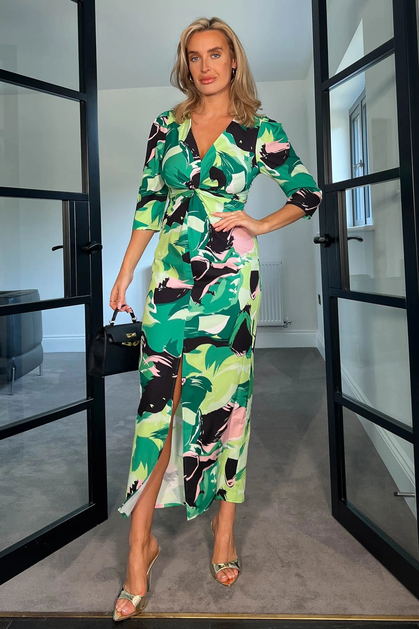 Anniversary Sale trendy mini dressDonna Green and Pink Floral Twist Front Midi Dress