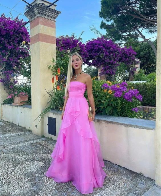 chic shift dressElegant Strapless A-line Pink Prom Dress,Stunning Pink Formal Gown Y1301