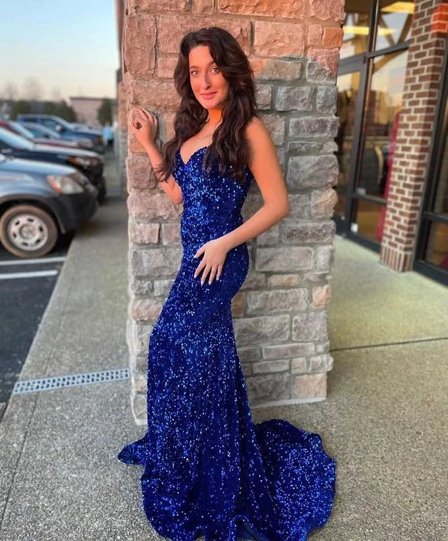 casual summer dressPopular Royal Blue Mermaid Sequins Prom Dress with Train Y1337