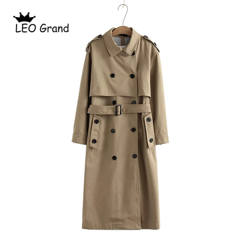 Mega Deal Vee Top women casual solid color double breasted outwear fashion sashes office coat chic epaulet design long trench