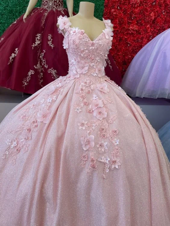 layered dressStunning A Line Pink Princess Dress With 3D Flowers,Pink Prom Dress Y1113